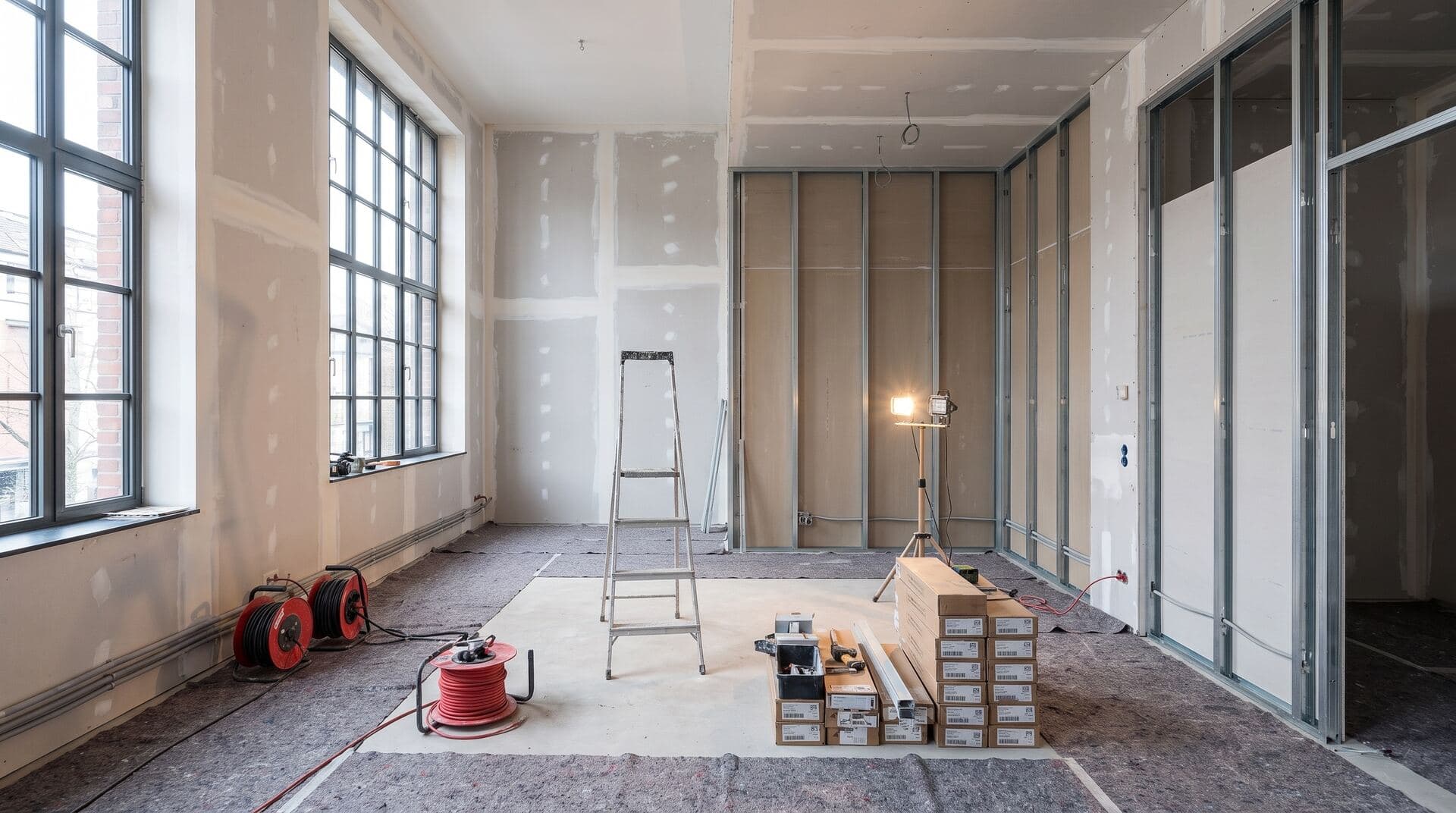 Trockenbauwände und Rohinstallation während des Ausbaus